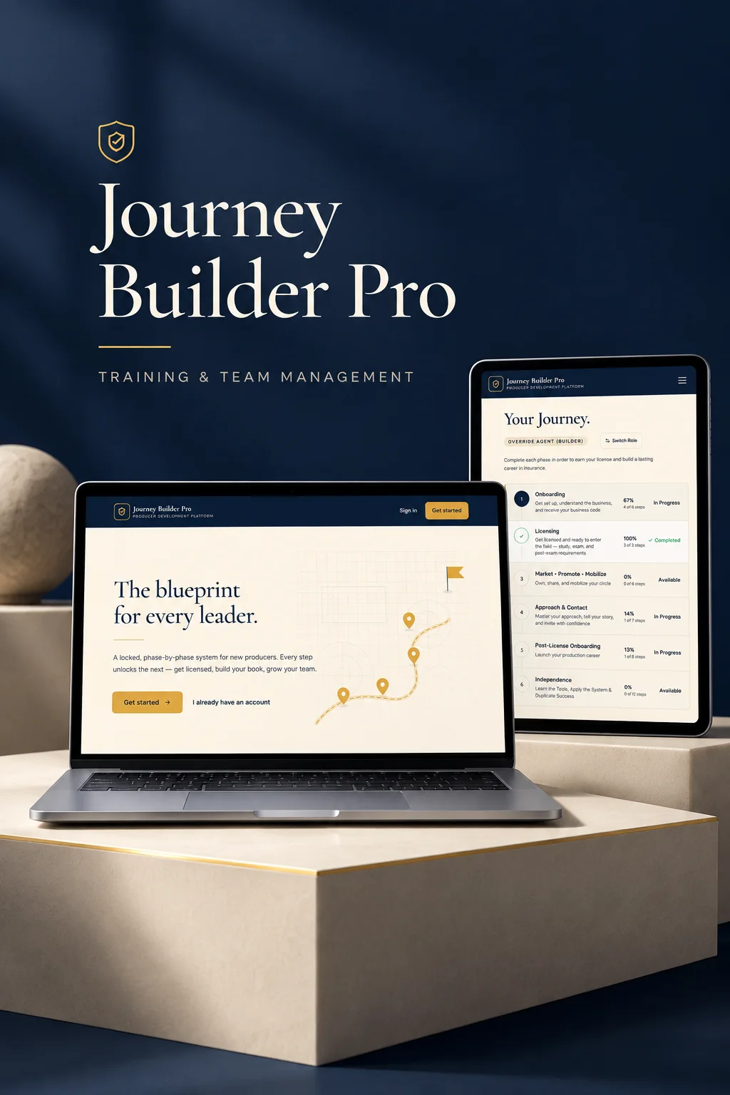 Journey Builder Pro training platform shown on laptop and tablet screens